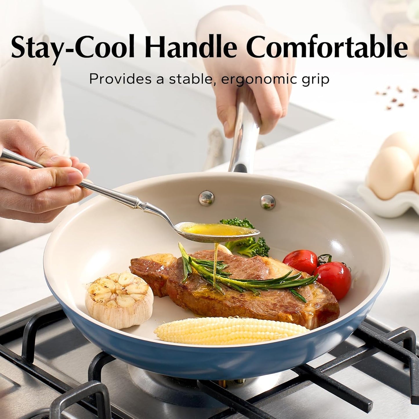 Redchef Nonstick Ceramic Egg Pan - 8 Inch Frying Skillet with Stay Cool Handle | Non-Toxic & Dishwasher Safe (Blue)