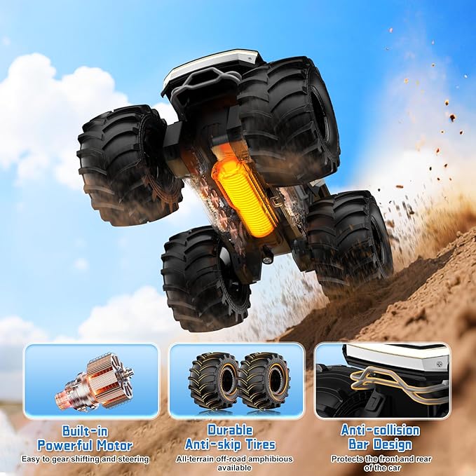 Remote Control Car with LED Eyes Amphibious Monster Truck Boys Toys RC Cars 2.4 GHz Waterproof RC Trucks Rechargeable 4WD All Terrain Off-Road Pickup Boy Christmas Birthday Gifts Kids Toys Ages 6+