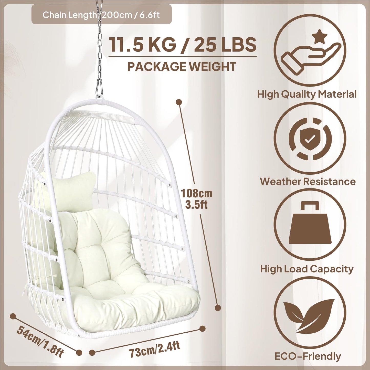 Chihee Egg Chair Foldable Wicker Rattan Hanging Swing Chairs Indoor Outdoor Patio Wicker Chair Hammock Chair with Stainless Steel Hanging Kit Chain Link UV Resistant Cushion Bedroom Balcony