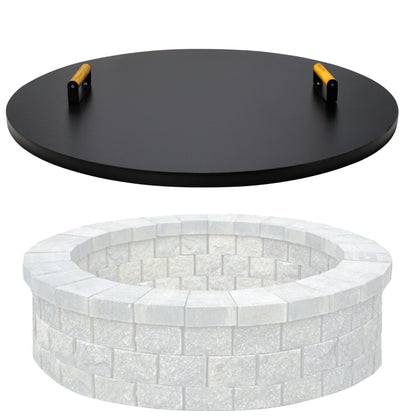 30” Round Fire Pit Lid – Heat Resistant fire Pit Cover Round Metal for Outdoor Fireplace 16 Gauge Steel Flat Fire Pit Burner Pan Cover with 2 Wooden Handles Snuffer Lid for Round Patio FirePit Ring