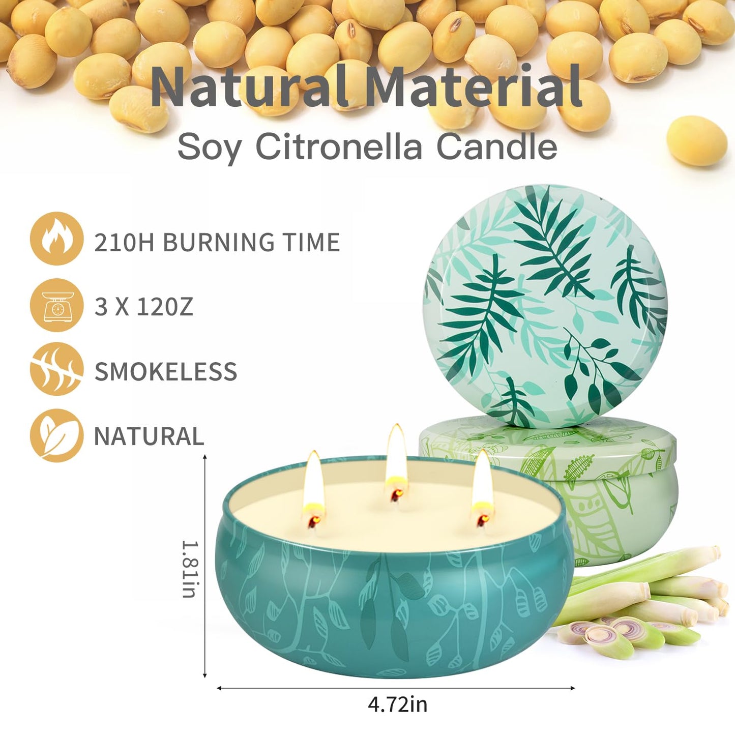 Citronella Candles Outdoor, Large Citronella Candle Outdoor for Patio, 3 Pack 12oz Summer Candle Bulk for Home Garden Yard Camping Party Indoor Outside Decorative, 210 Hours Long Burning, 3 Wick