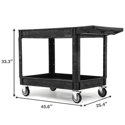 DWVO Utility Service Cart on Wheels, 550 lbs Capacity, 45 x 25 Inch Rolling Work Carts with Wheels, 2 Shelf Heavy Duty Plastic Cart Suitable for Warehouse, Garage, School & Office, Cleaning, Black