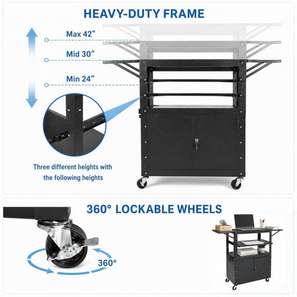 Adjustable Height AV Media Cart, 24-42 Inch Mobile Stand with Locking Storage, Extended Tray Organizer, Cable Management Wheels, for Home Office School
