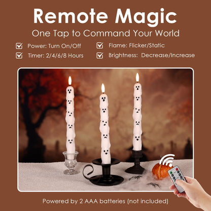 Girimax White Ghost Halloween Flameless Taper Candles with Remote, Spooky LED Wax Candlesticks Battery Operated Flickering, Set of 4