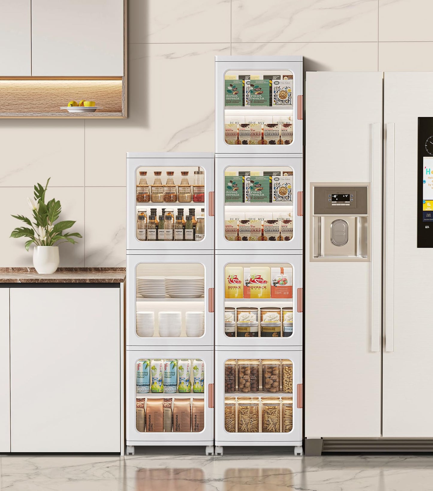 BUMODEL 4-Tier White Slim Storage Cabinet and 4-Tier Beige Slim Storage Cabinet with Doors and Adjustable Shelves