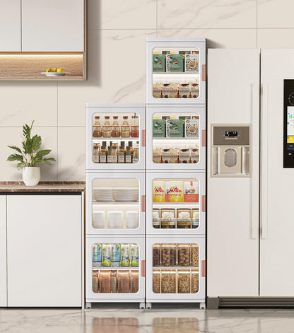BUMODEL 4-Tier White Slim Storage Cabinet and 4-Tier Beige Slim Storage Cabinet with Doors and Adjustable Shelves