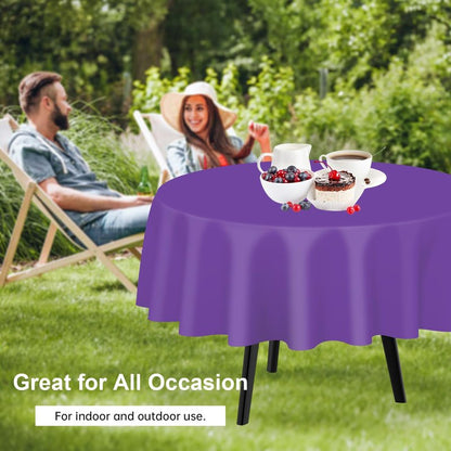 QIKSION Purple Round Tablecloth 2 Pack, 84 Inch Plastic Table Cover Disposable for Parties