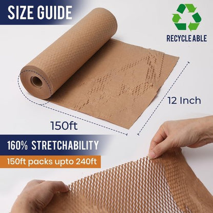 Honeycomb Packing Paper - 12" x 150ft with Rope & 20 Fragile Stickers | Eco-Friendly Shipping Supplies