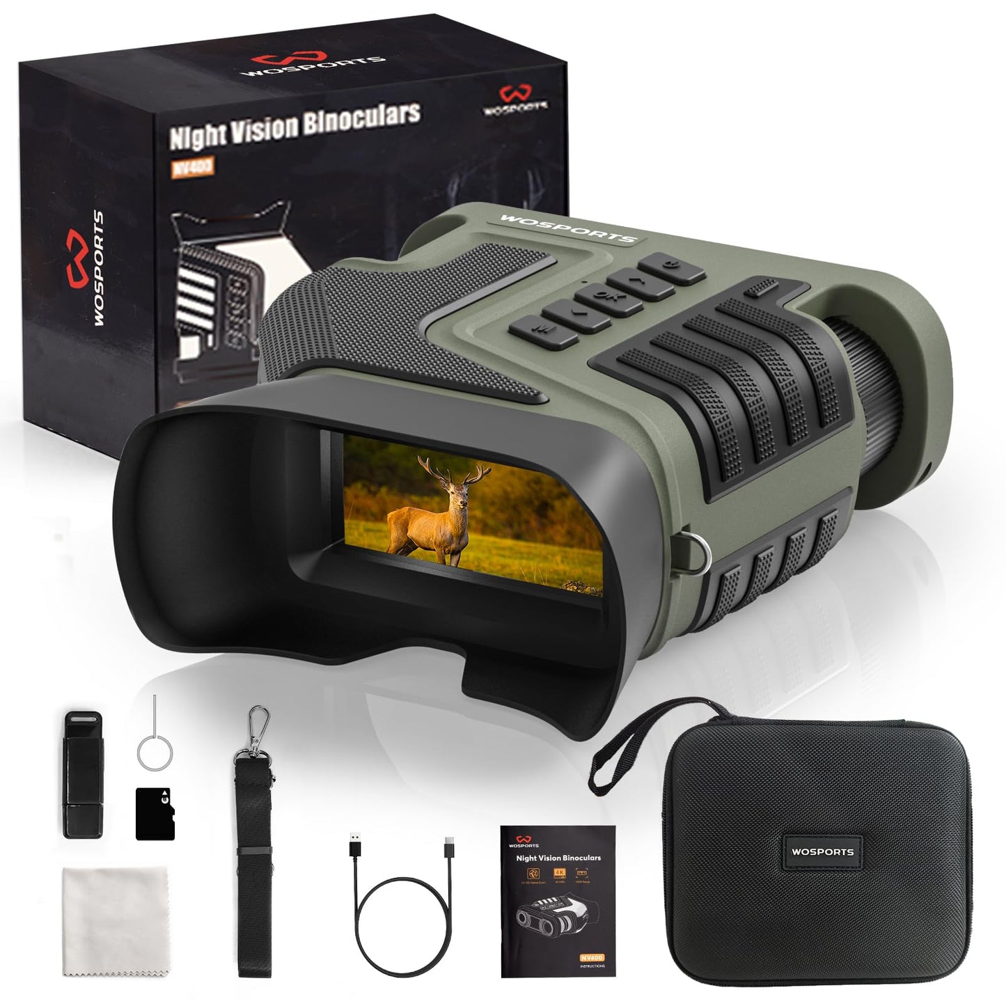 WOSPORTS 4K Night Vision Goggles, up to 80X Total Magnification, 64GB TF Card, 1315FT Infrared Night Vision, Ideal for Camping & Outdoor Use
