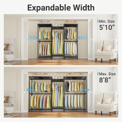 VIPEK X3 Basic Expandable Closet System, Heavy Duty Freestanding Open Wardrobe with Long Hanging Area, 5 Hanging Rods & 6 Adjustable Shelves, Fits 5.10 to 8.8 FT, Black