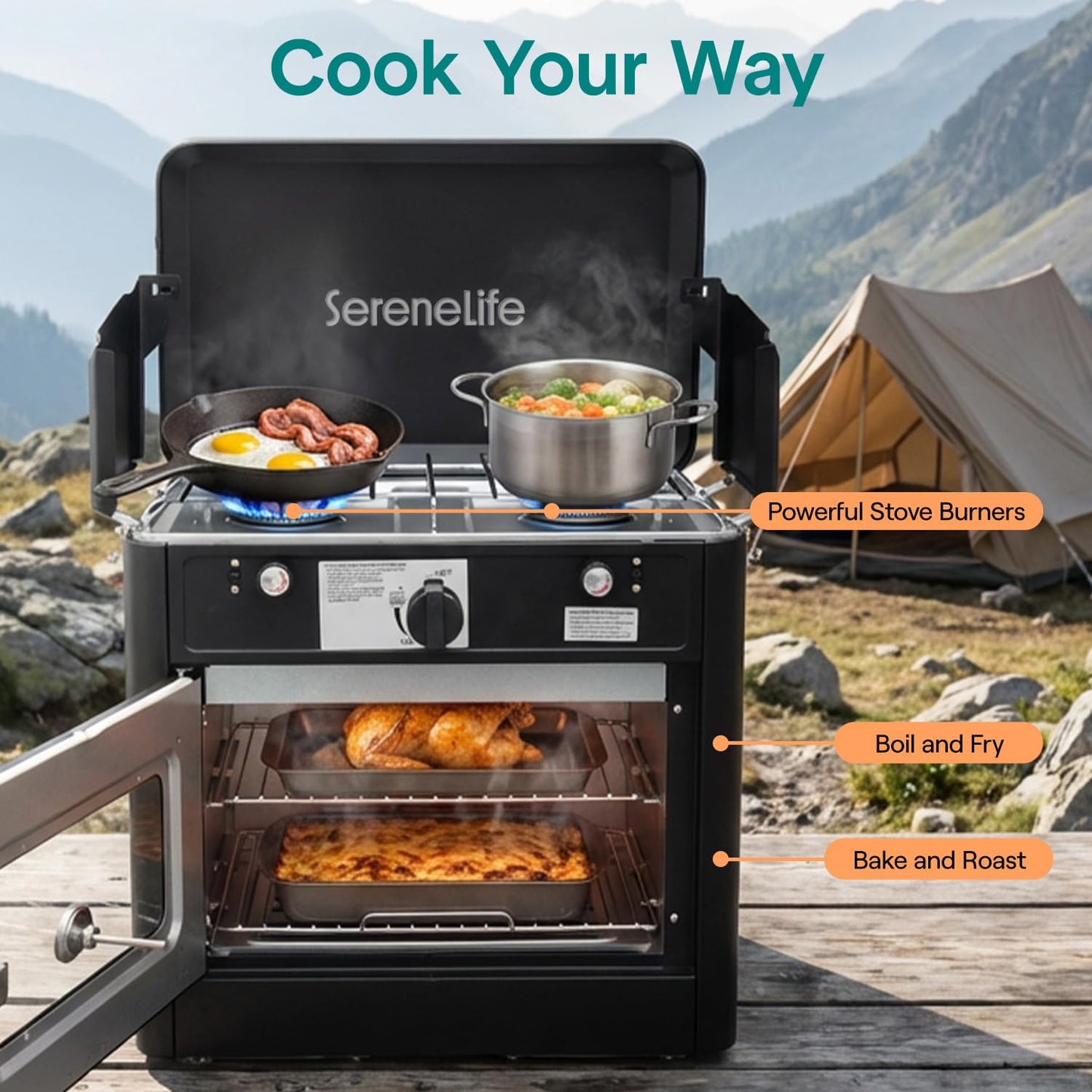 Camping Oven 3 in 1 Stove Oven Combo, Outdoor Camp Oven with 2 Burner Cooking, Piezo Ignition and Temperature Control, Compact RV, Camping and Tailgating