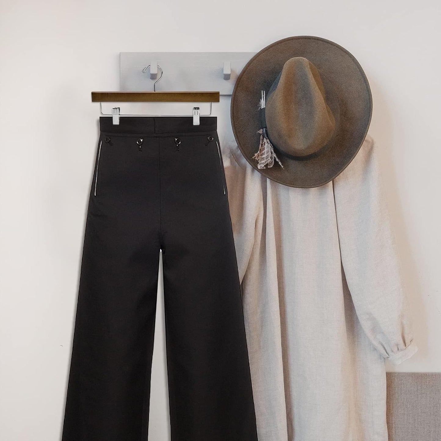 Nature Smile Wooden Pants Hangers with Clips - 10 Retro-Style Trousers Holders