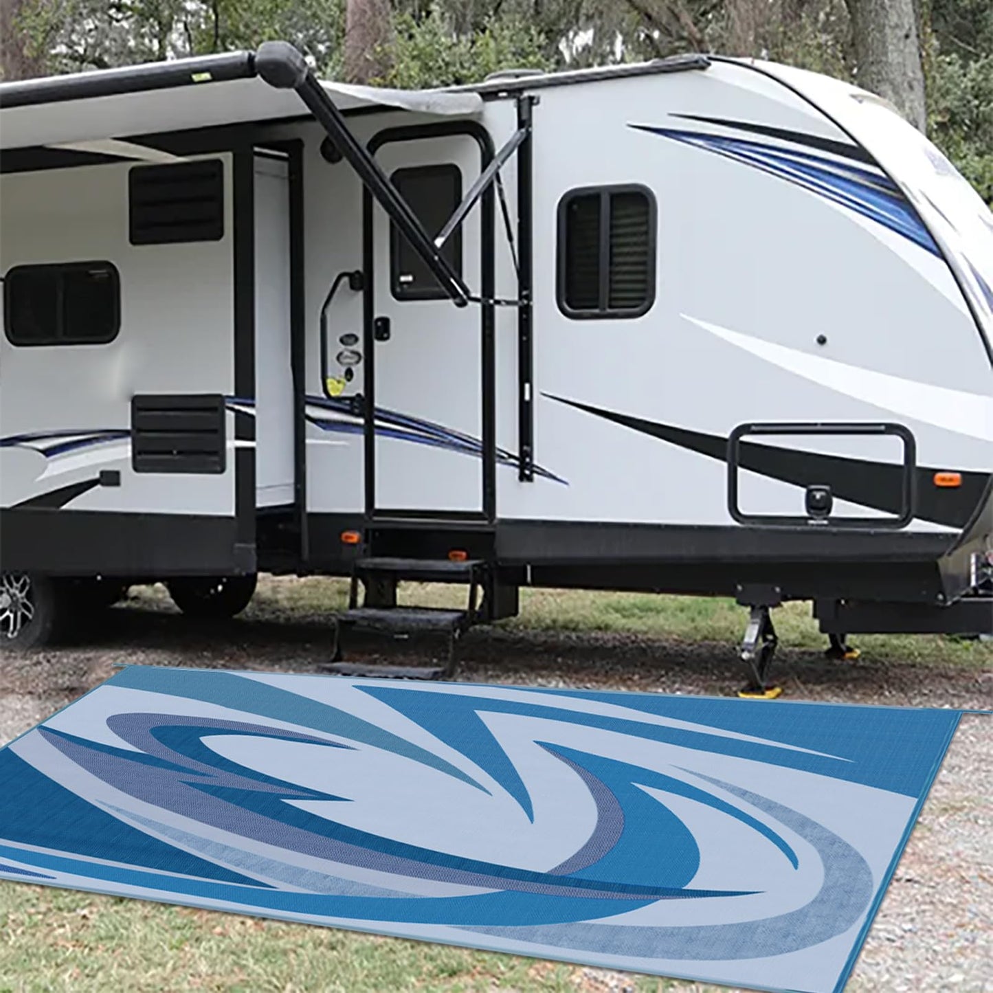 EEZ RV Products 9'x18' Heavy Duty Reversible/Durable Outdoor Patio/RV Mats Come with Large Storage Bag & 6 Sets of Stakes and Washer (Wave Blue)