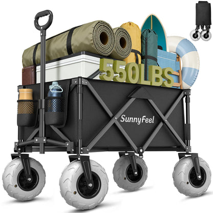 SUNNYFEEL Heavy Duty Beach Wagon with Big Wheels for Sand, 550LBS Capacity, 200L Beach Cart with Adjustable Handle, Foldable Wagon Cart for Camping, Garden, Shopping (Black)