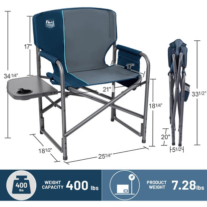 TIMBER RIDGE Aluminum Oversized Camping Chair, Lightweight Portable Directors Chair with Side Table Detachable Side Pocket for Outdoor Camping, Lawn, Picnic, Support 400lbs Blue 2 Pack