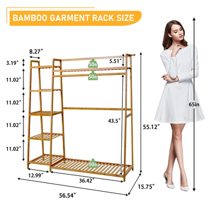 Baveke Bamboo Clothing Garment Rack Frame Made of FSC-Certified Bamboo, 7 Tier Storage Shelf Coat Clothes Hanging Rack, Portable Wardrobe Closet Organizer, Shoe Storage Shelves for Bedroom, Natural