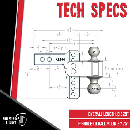 BulletProof Hitches - 2.0" Aluminum Trailer Hitch (14,000 lb. Rating) - Adjustable Hitch with 4" Drop/Rise and 2" & 2-5/16" Dual Ball - Corrosion-Resistant Tow Hitch