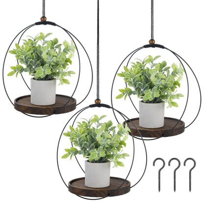 DORMIYA 3 Pcs Hanging Plant Shelf, Round Wood Base with Black Metal Frame, Plant Holder with Adjustable Rope for Living Room, Balcony, Bedroom, Indoor Plant Display
