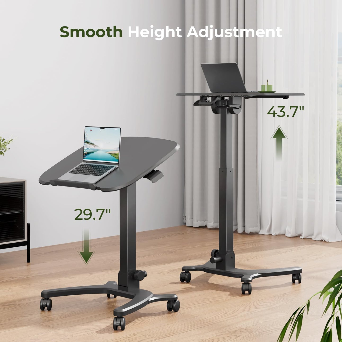 JYLH JOYSEEKER Foldable Mobile Standing Desk, 27"×21" Portable Rolling Laptop Cart with 90° Tiltable Board, Height Adjustable Mobile Desk Workstation with Wheels, Folding Table for Home Office, Black