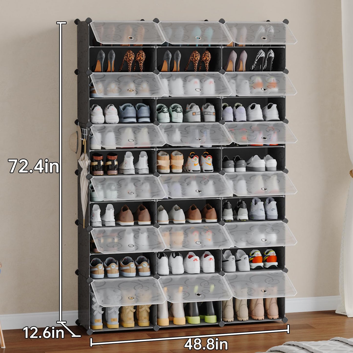 MAGINELS 72-Pairs Shoe Storage Organizer Cabinet,Portable Shoe Rack Organizer with Door,Large DIY Plastic Detachable Shoes Shelves for Entryway,Bedroom,Black