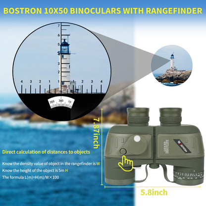 BOSTRON Marine Binoculars 10x50 with Compass and Rangefinder, Waterproof Fogproof Binoculars for Adults, Boating, Sailing, Fishing, Hunting and Outdoor Navigation