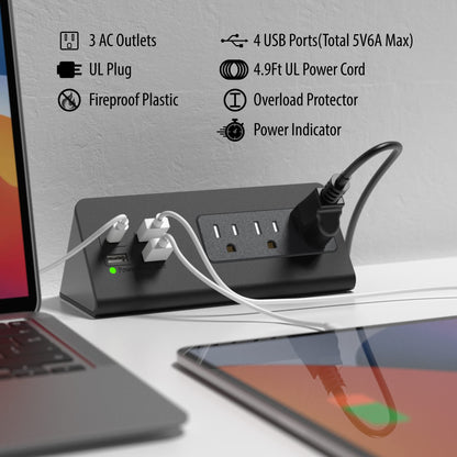 Nightstand Edge Mount Power Strip with USB-C Ports Tabletop Surge Protector Desk Clamp Power Sockets with 3 AC Outlets &4 Fast Charging USB Ports for Home Office Hotel and Dormitory (Black(2-Pack))