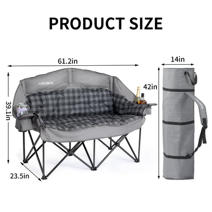 Oversized Double Camping Chair Heavy Duty Padded Double Folding Chair with Cup Holders & Carry Bag Foldable 2 Person Camping Chairs Outdoor Portable Couch for Lawn, Sports - Supports 900LBS Grey