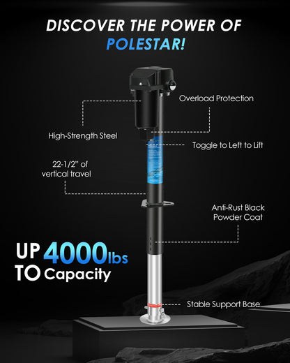 POLESTAR Electric Trailer Jack, Power Tongue Jack 4000 lbs, Electric Tongue Jack for Lifting RV Travel Camper Utility Yacht Trailer, 12V DC, 9"-27" Lift