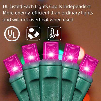 LAMPHOME LED String Lights, 100 Count (2pk of 50L), 6in Spacing, Green Wire, Pink