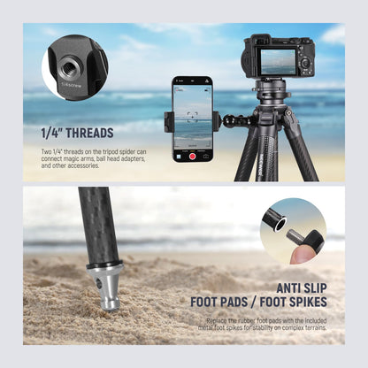 NEEWER LITETRIP LT32 Camera Travel Tripod, Carbon Fiber Portable Stand, Ball Head Detachable Center Axis Flip Buckle Cleaning Cloth Arca QR Plate Compatible with PD (Former TP62)