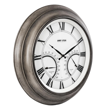 ANDY STAR 24 Inch Outdoor Clocks Waterproof,Large Outdoor Wall Clocks for Garden Patio Pool, Modern Lighted Metal Clock Battery Operated with Thermometer&Hygrometer, Gray Oak Wooden Non Ticking