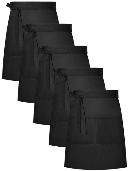 Twistover 5 Pack Half Bistro Aprons with 2 Pockets Unisex Black Server Apron with Extra Long Front Waist Ties for Men Women