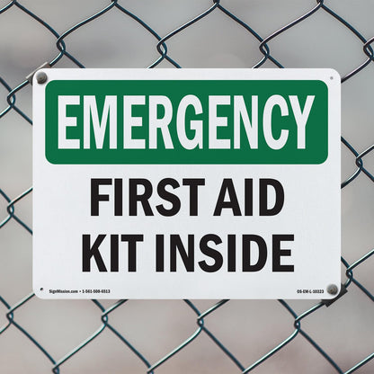 First Aid Kit Inside OSHA Emergency Aluminum Sign 18 Inch x 12 Inch - 5 Pack