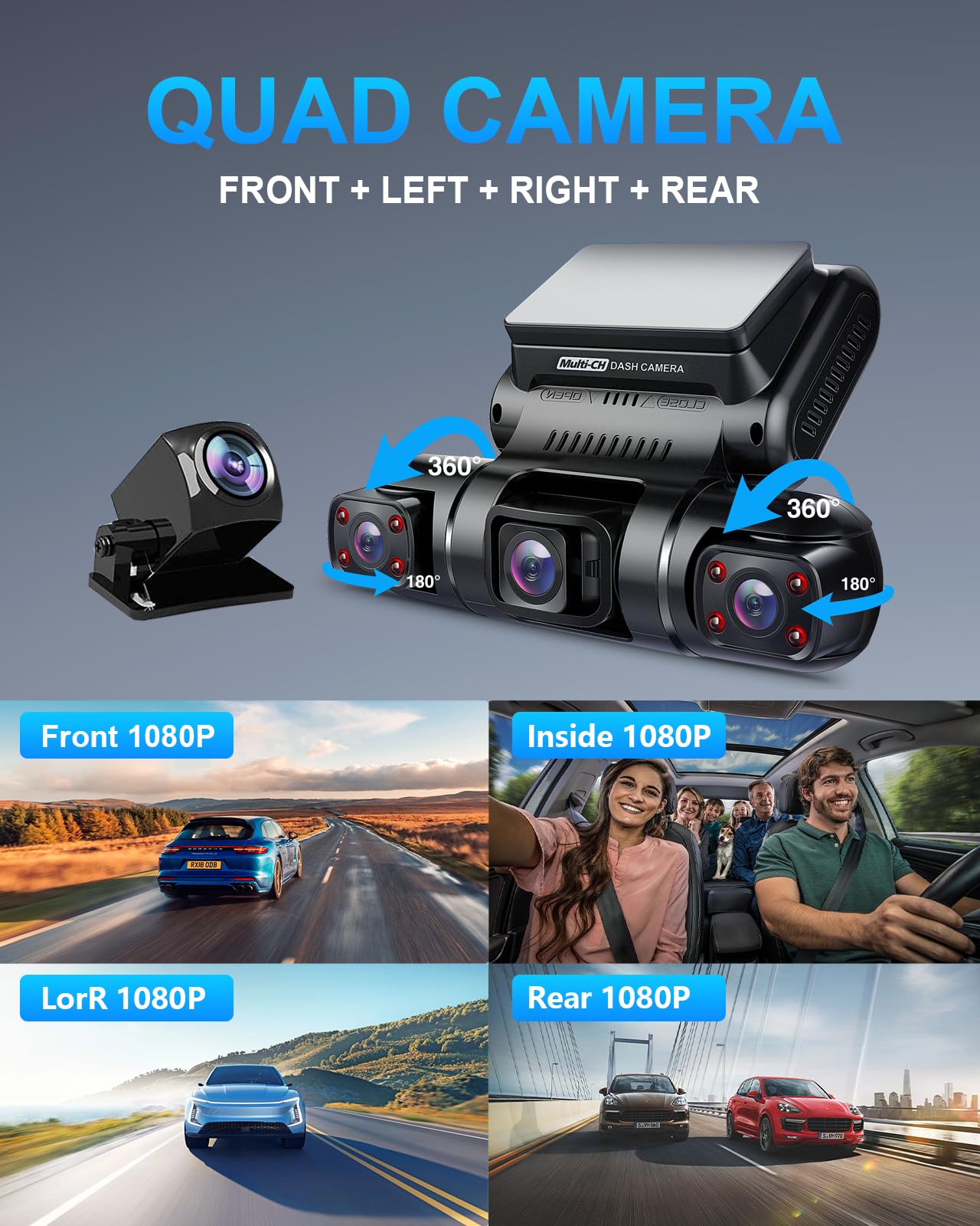 PRUVEEO 360 Degree View 4 Channel Dash Cam Front and Rear Inside Left Right, Dash Camera for Cars, Built-in GPS WiFi Night Vision, 24/7 Recording Parking Mode Monitor, Free 128G Card