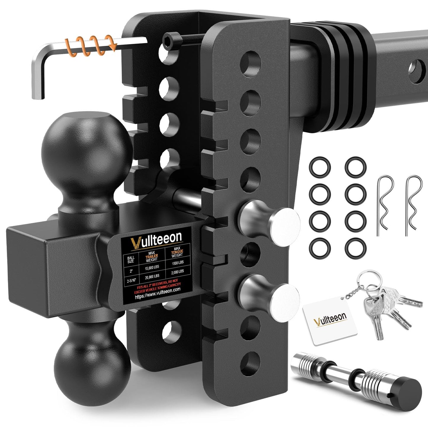 2026 Vullteeon Adjustable Trailer Hitch, Heavy Duty Drop Hitch for 2.5 Inch Receiver, 6 Inch Tow Hitch, 2" & 2-5/16" Ball Hitches for Trucks, 22,000 LBS GTW, Trailer Hitches with Slot-fit Design