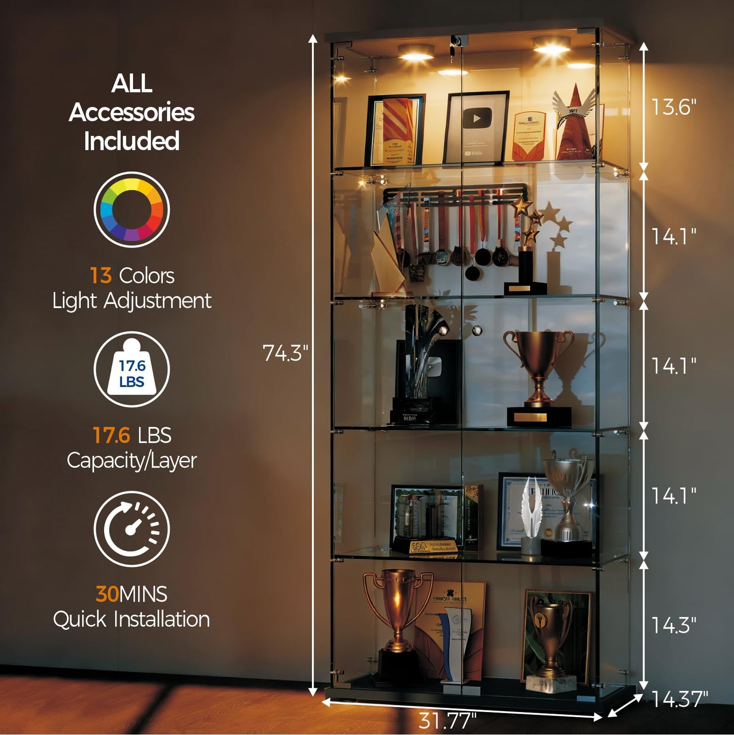IDEALHOUSE Tempered Glass Display Cabinet with LED Light, 5 Shelves Lockable Curio Showcase, Double Doors Storage Cabinet for Living Room Bedroom Office, Black