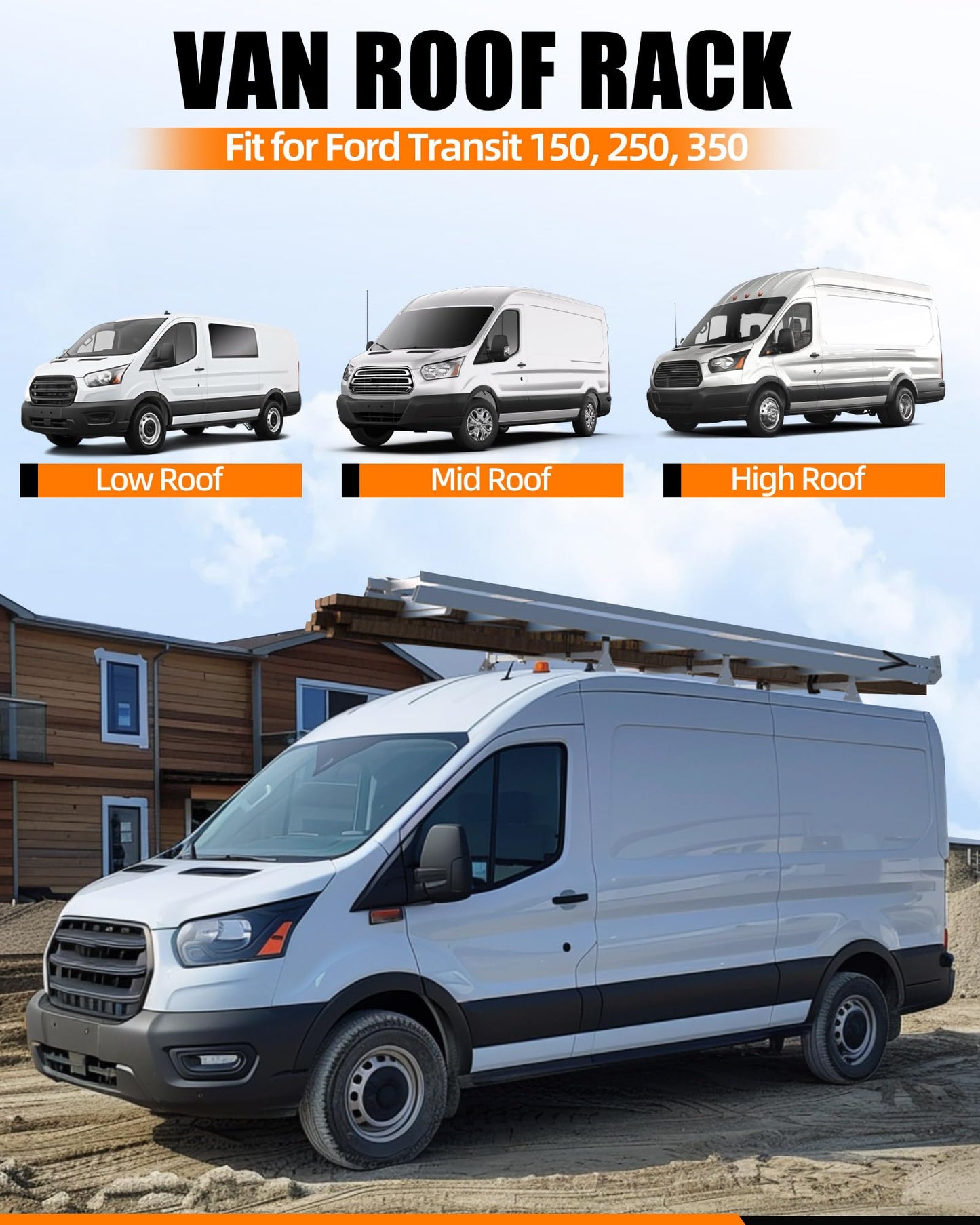 MELIPRON Cargo Van Roof Ladder Rack Fit for 2015-2026 Ford Transit 150 250 350, Low/Medium/High Roof, Heavy‑Duty 800  lbs Capacity Steel Ladder Rack for Van, No‑Drill Rack with White Powder Coat