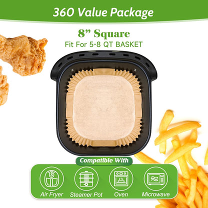 Skiennix 360 Pcs Heavy-Duty Air Fryer Paper Liners - Non-Stick & Leak-Proof 8” Square Parchment