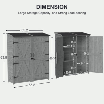 Gizoon Outdoor Storage Cabinet with Waterproof Roof, Double Lockable Doors Garden Shed with 2 Removable Shelves, Wooden Storage Shed with Large Storage Space for Patio, Garden, Backyard, Lawn, Grey