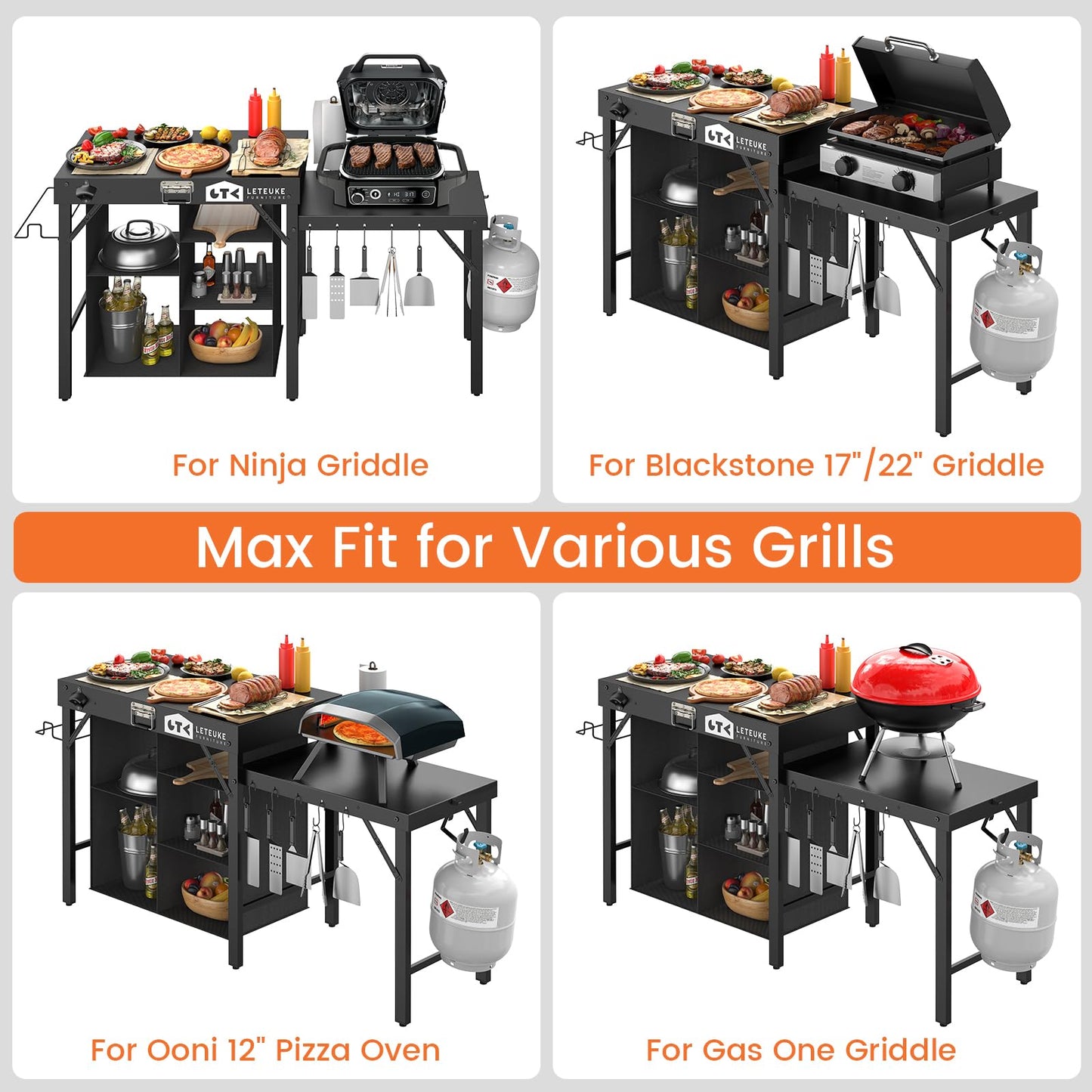 Leteuke Grill Table for Blackstone Griddle, Portable Foldable Grill Table with Storage Fits Ninja, Blackstone Griddle Stand for Outdoor Camping, Picnic, Garden, Patio, Dining, BBQ, Party