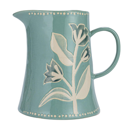 Creative Co-Op Hand-Painted Stoneware Pitcher with Wax Relief Pattern, Blue