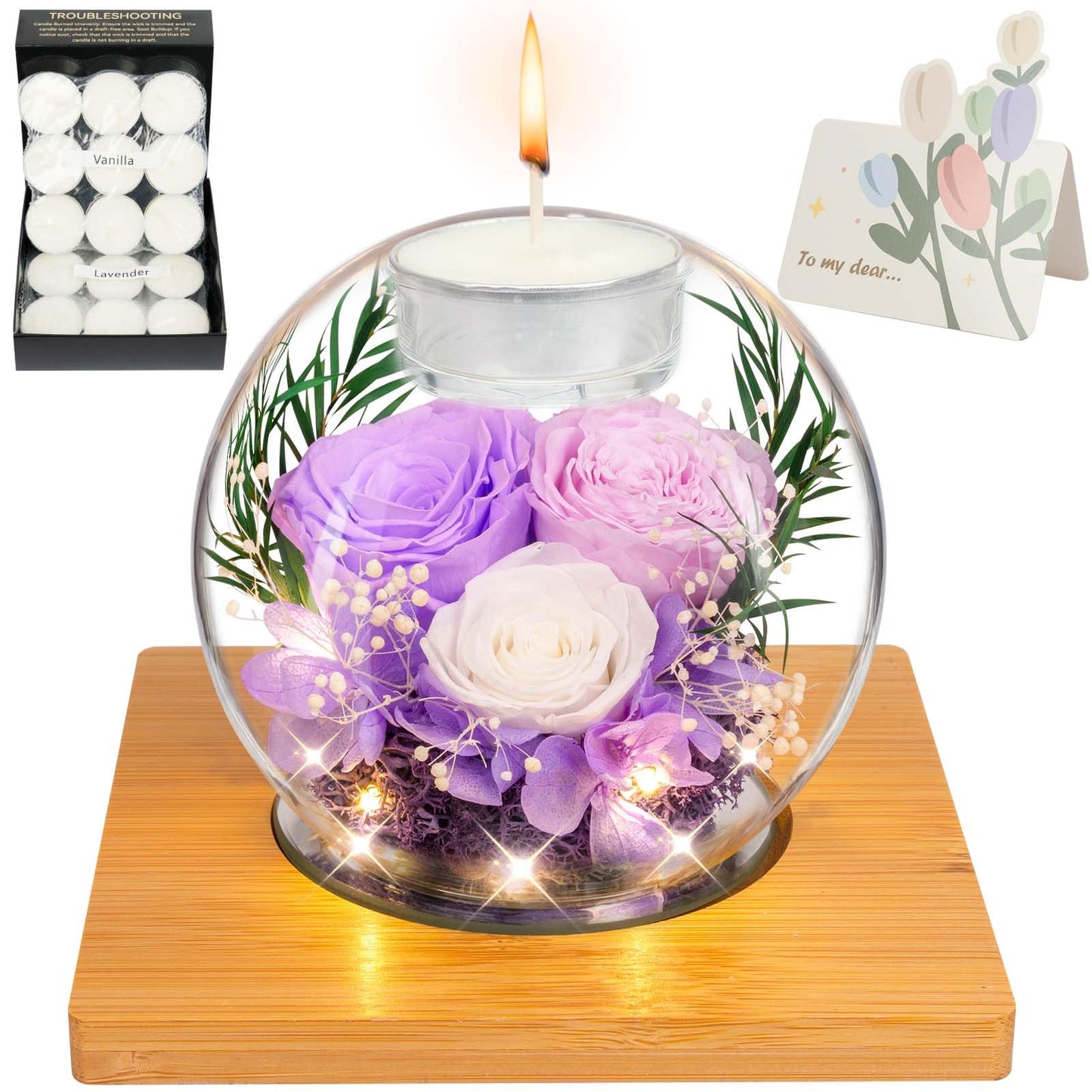 ENERLEAF Preserved Light Purple Real Rose in Glass with Scented Candles – Forever Flower Romantic Anniversary Christmas Birthday Valentines for Mom, Women, Wife, Girlfriend, Her, Grandma