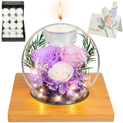ENERLEAF Preserved Light Purple Real Rose in Glass with Scented Candles – Forever Flower Romantic Anniversary Christmas Birthday Valentines for Mom, Women, Wife, Girlfriend, Her, Grandma