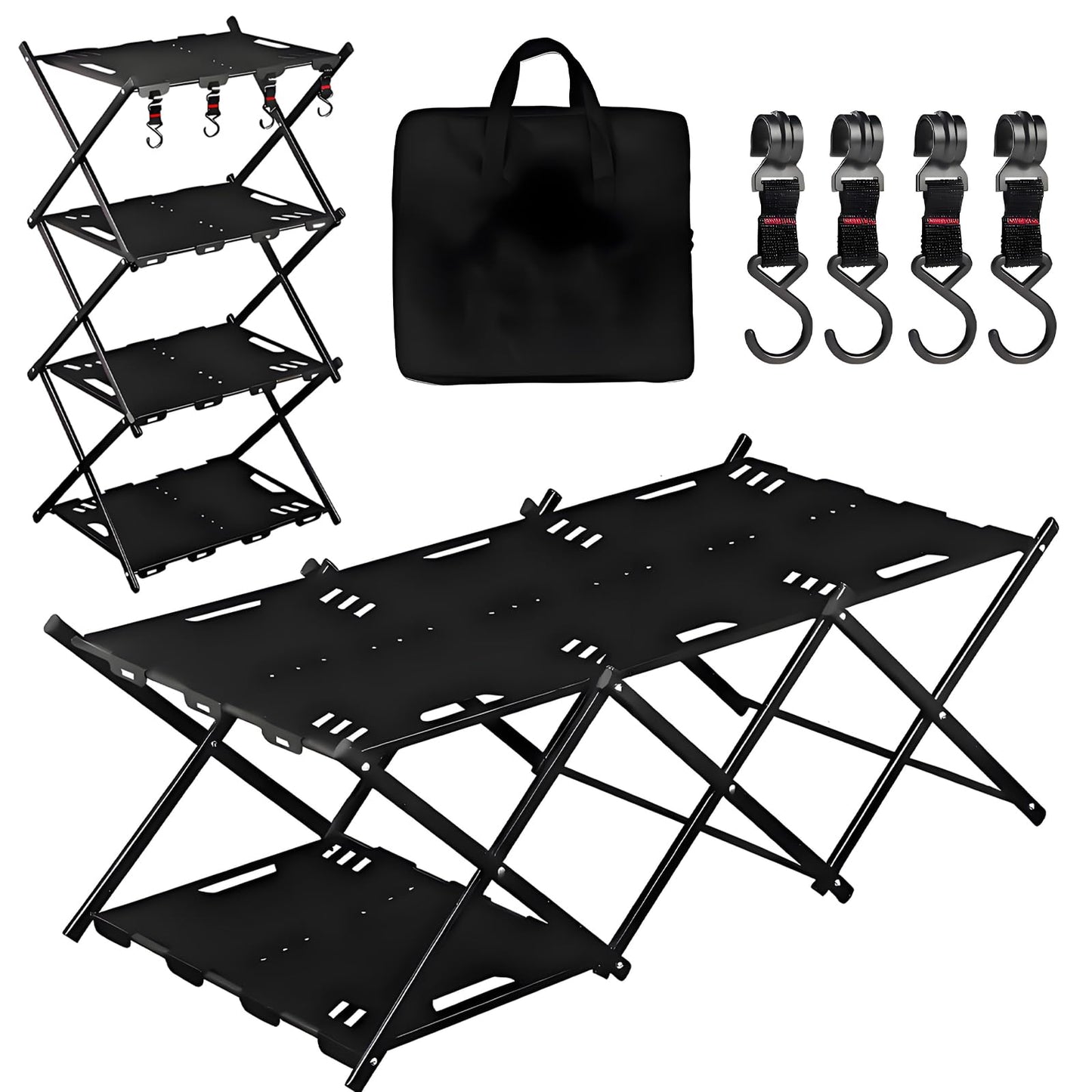 CGLRybO Folding Camping Table Portable Multi-Functional 4-Tier Picnic Rack Carbon Steel 37" with Storage Bag and 4 Hooks Indoor Outdoor, Heavy Duty, Portable, for Picnic, Party, Camping