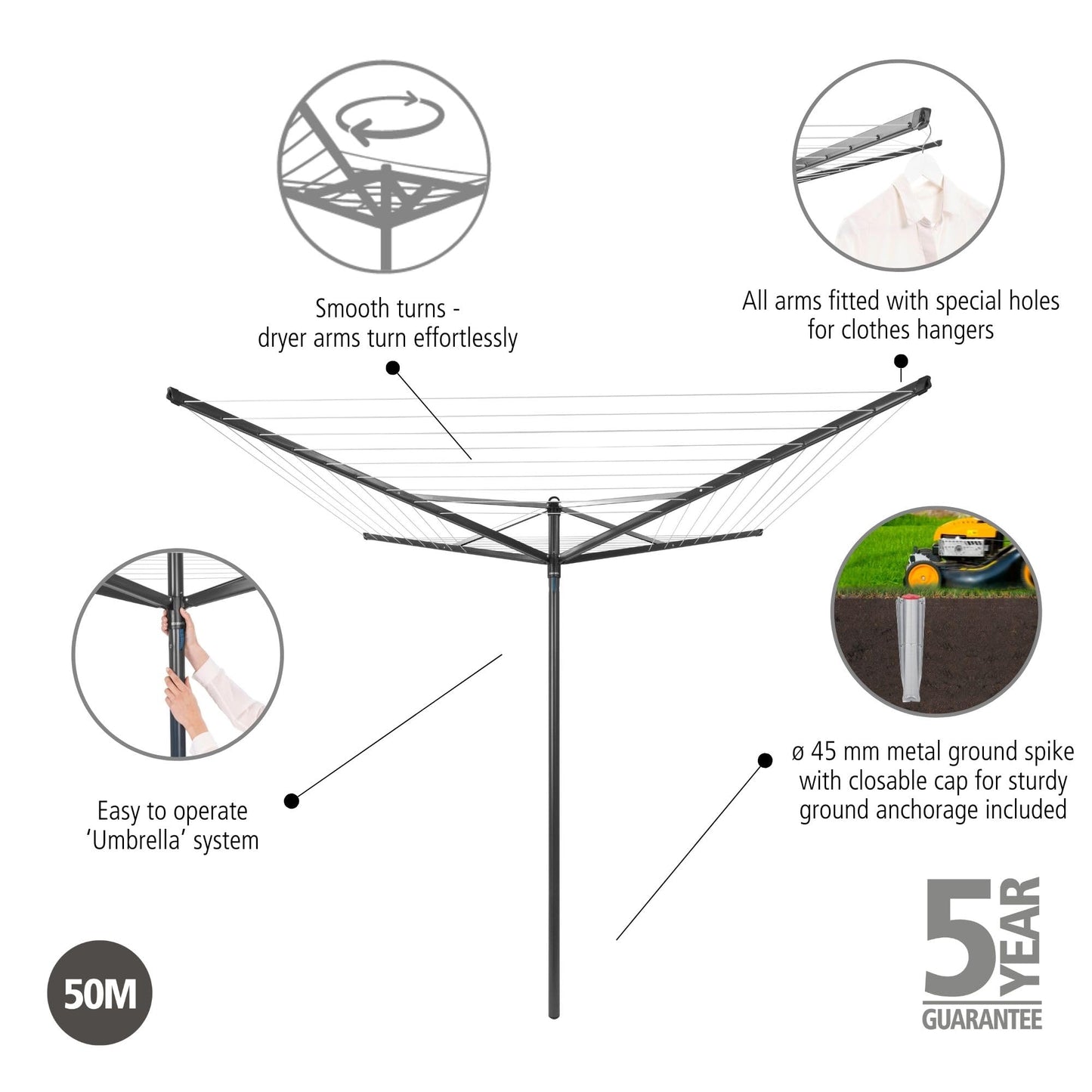 Brabantia Topspinner Outdoor 4 Arm Spinning Clothesline (164 ft/Ø 1.8") Rotating, Folding Clothes Drying Rack + Ground Spike (Anthracite)