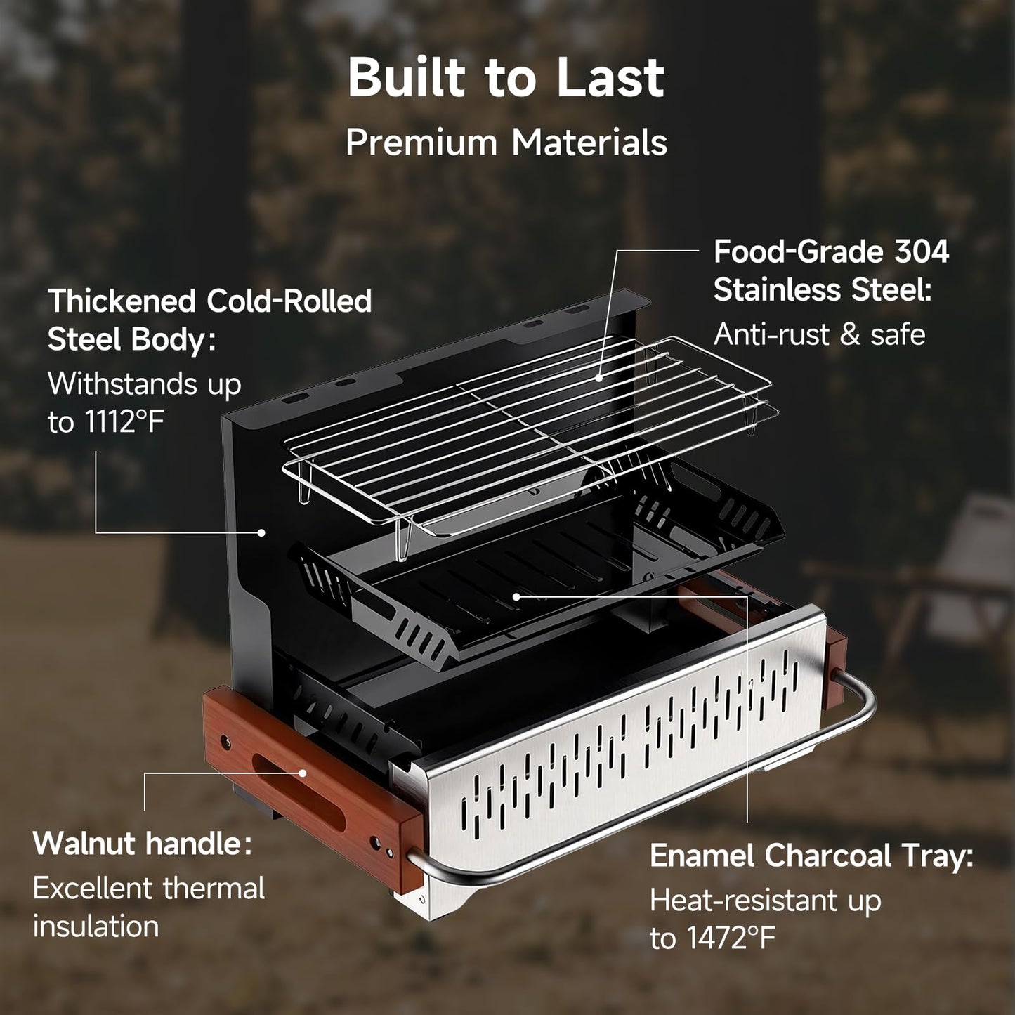 Portable Charcoal Grill and Pots & Pans Cookware Bundle - Compact Outdoor Cooking Set for Camping, Picnics, and Tailgating