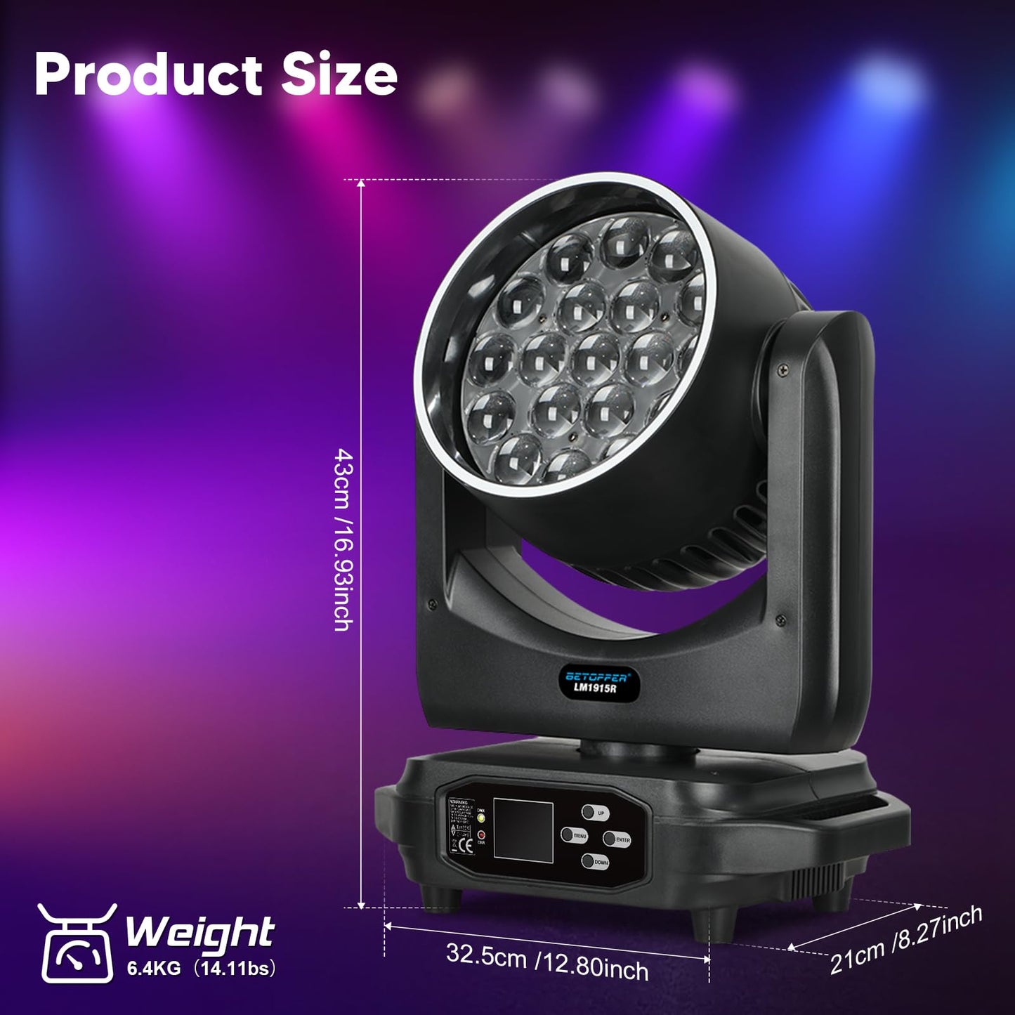 BETOPPER Moving Head Light,19x15W RGBW with Light Strip Effect Moving Head Stage Spotlight,Lightweight Disco DJLight for Party Wedding Club Bars Show（1）