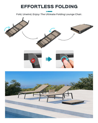 Ciokea Aluminum Foldable Lounge Chairs Set of 4 with 3 Outdoor Aluminum Side Table, Perfect Match, Suitable for Courtyard, Balcony, Lawn and Other Scenes, Khaki