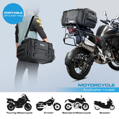 Rhinowalk Motorcycle Tail Bag, Expandable Motorcycle Travel Luggage Bags 60L, Waterproof All-Weather Trunk Rack Bag with Sissy Bar Straps & Helmet Rain Cover-Black