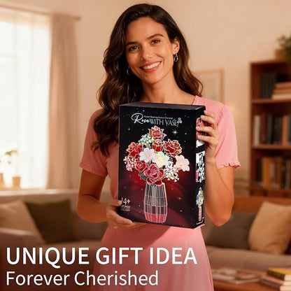 Rose Flowers Bouquet Building Set with Vase Included 1077 PCS Artificial Flowers Botanical Collection Kit for Adults Women Men &amp Teen Girl Mother's Day Birthday Gifts for Mom Her Wife Girlfriend